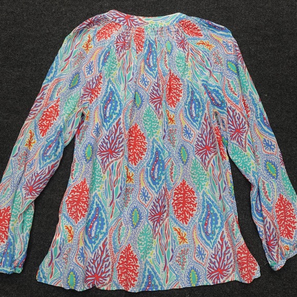Lilly Pulitzer Blouse Coral Reef Silk Preppy Women Size L Blue - Picture 3 of 8